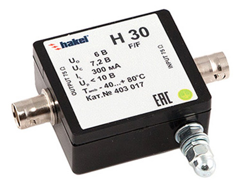 УЗИП Hakel H30 6В, 75Ом, BNC (F/F) для защиты систем видеонаблюдения по одной коаксиальной линии УЗИП Hakel H30 6В, 75Ом, BNC (F/F) для защиты систем видеонаблюдения по одной коаксиальной линии