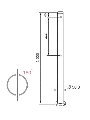 Двухсторонняя стойка ограждения c 4 отверстиями (угол 180 град.) ASP-D50,8-02 из нержавеющей стали AISI304