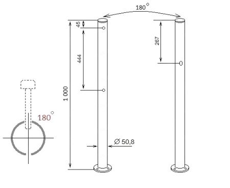 Стойка с отверстием для фиксатора створки и 2 отверстиями (угол 180 град.) ASP-D50,8-06 из нержавеющей стали AISI304