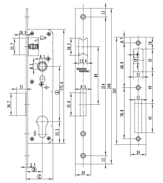 Механический замок узкопрофильный dormakaba 850a 85/35/8 F=24 для алюминиевых дверей