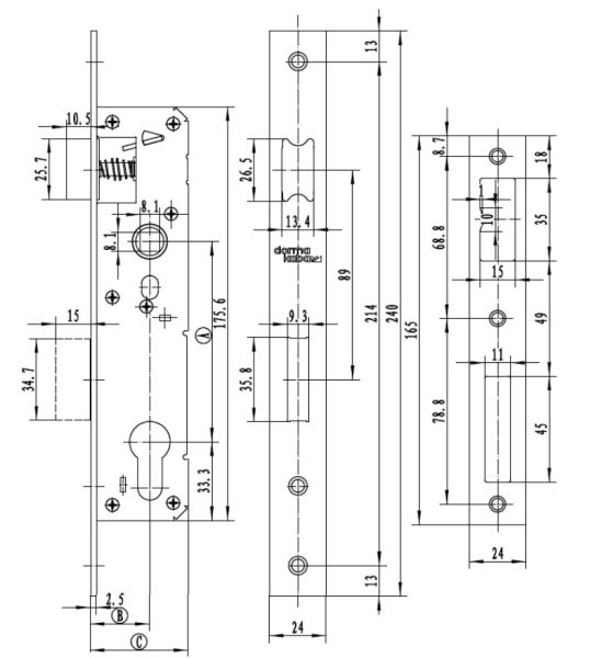 Механический замок узкопрофильный dormakaba 920a 92/35/8 F=24 для алюминиевых дверей