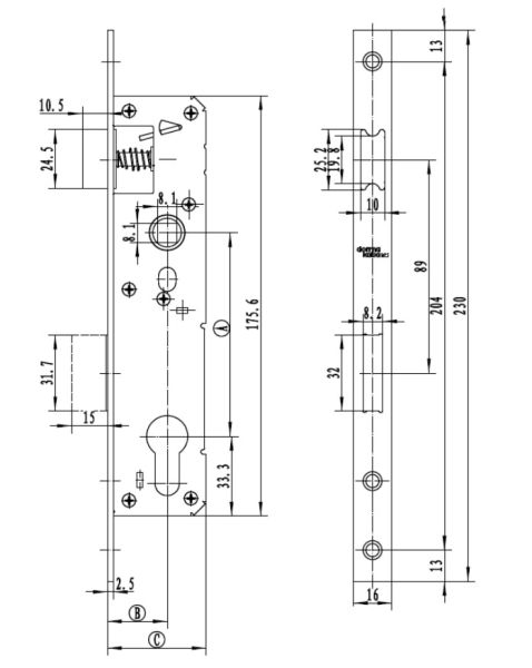 Механический замок узкопрофильный dormakaba 850 85/35/8 F=16 для ПВХ дверей
