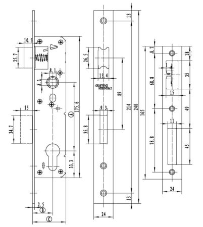 Механический замок узкопрофильный dormakaba 850a 85/25/8 F=24 для алюминиевых дверей