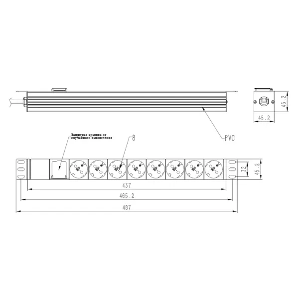 Блок розеток Netko "S" 19", 16А, 8 розеток, шнур 2м, выключатель, черный