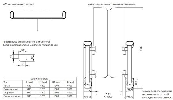 Распашной турникет Magnetic mWing с закаленными створками 900 мм
