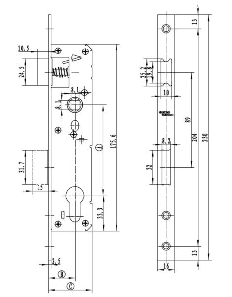 Механический замок узкопрофильный dormakaba 920 92/25/8 F=16 для ПВХ дверей