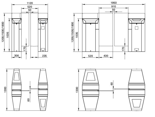 Боковая секция A раздвижного турникета Magnetic MPH-112A-A111 520 мм, со створками 1200 мм