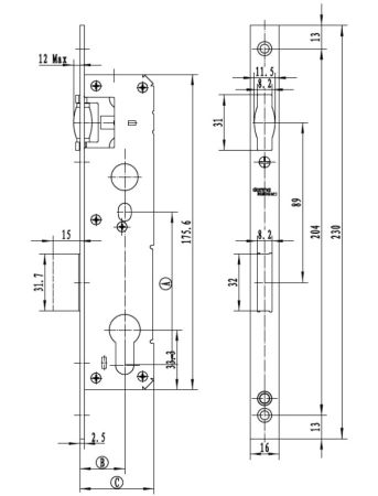 Механический замок узкопрофильный dormakaba 860 85/35/8 F=16 для ПВХ дверей