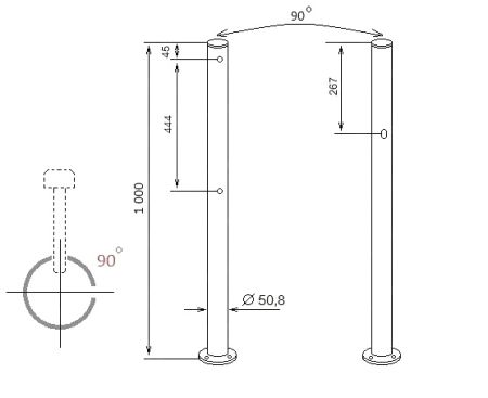 Стойка с отверстием для фиксатора створки и 2 отверстиями (угол 90 град.) ASP-D50,8-07 из нержавеющей стали AISI304