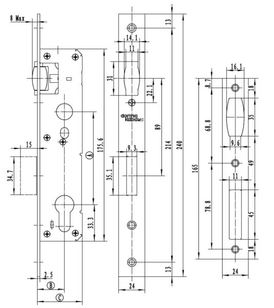 Механический замок узкопрофильный dormakaba 860a 85/30/8 F=24 для алюминиевых дверей