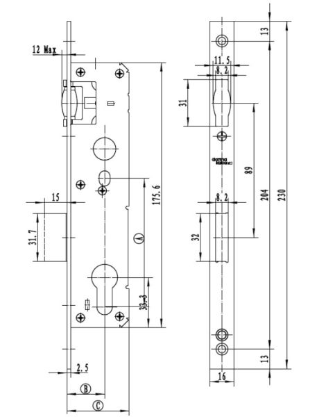 Механический замок узкопрофильный dormakaba 860 85/30/8 F=16 для ПВХ дверей